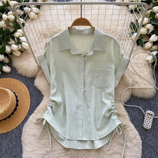 Striped Drawstring Collared Short Sleeve Button-Up Blouse