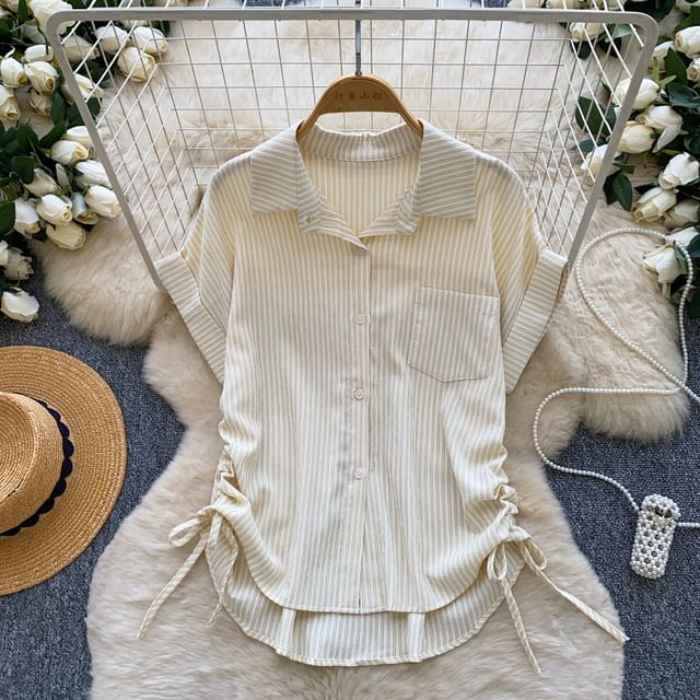 Striped Drawstring Collared Short Sleeve Button-Up Blouse