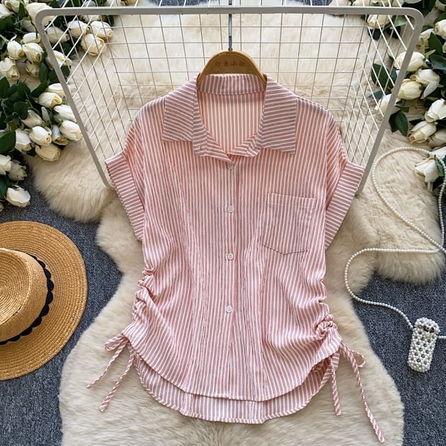 Striped Drawstring Collared Short Sleeve Button-Up Blouse