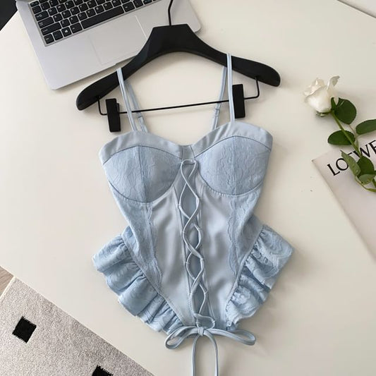 Ruffle Hem Lace Panel Lace-Up Crop Camisole