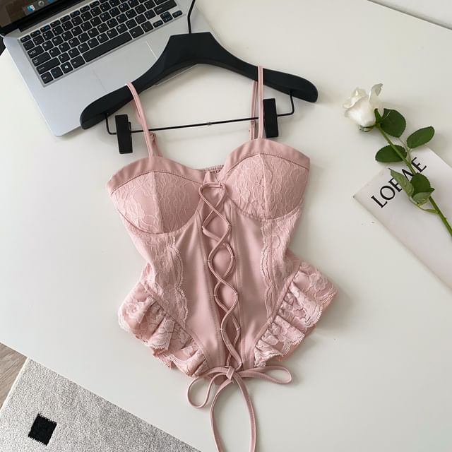 Ruffle Hem Lace Panel Lace-Up Crop Camisole