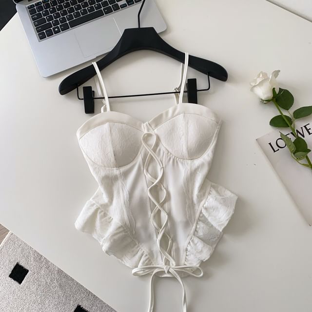 Ruffle Hem Lace Panel Lace-Up Crop Camisole
