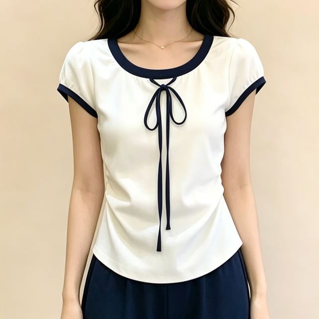 Round Neck Bow Detail Short-Sleeve Tee