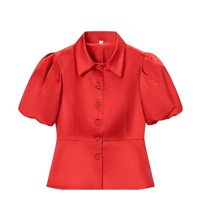 Puff Sleeve Spread Collar Plain Peplum top