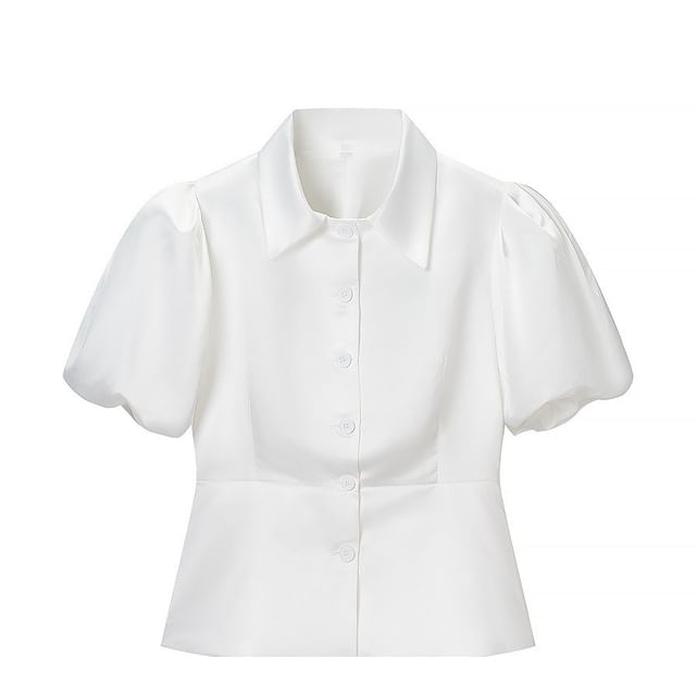 Spread Collar Puff Sleeve Peplum Blouse