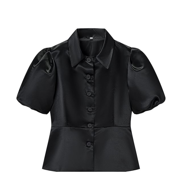 Spread Collar Puff Sleeve Peplum Blouse