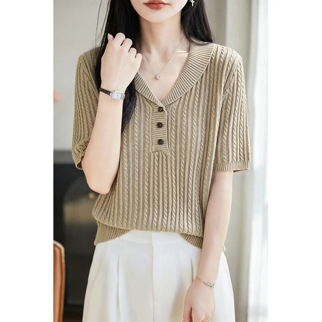 Shawl Collar Cable Knit Short-Sleeve Top