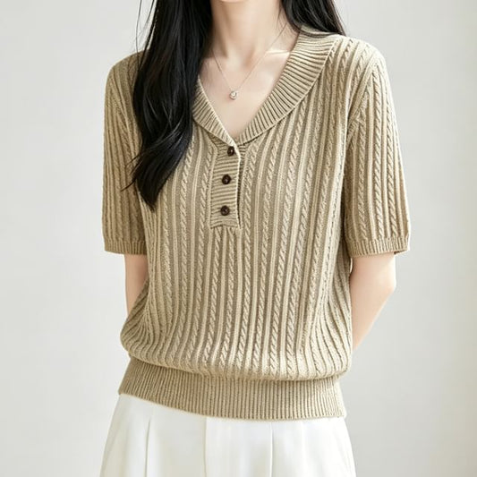 Shawl Collar Cable Knit Short-Sleeve Top