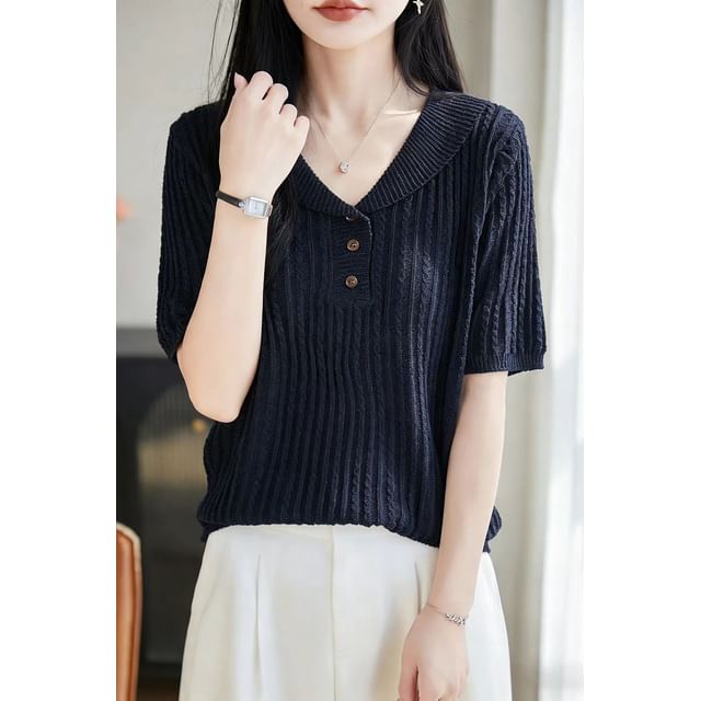 Shawl Collar Cable Knit Short-Sleeve Top