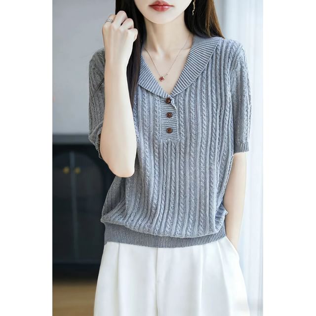 Shawl Collar Cable Knit Short-Sleeve Top