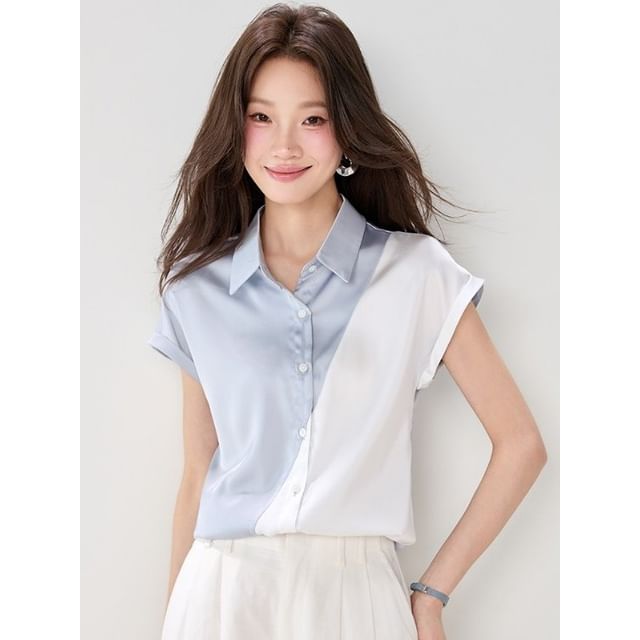 Two Tone Collared Button-Up Satin Short Sleeve Blouse