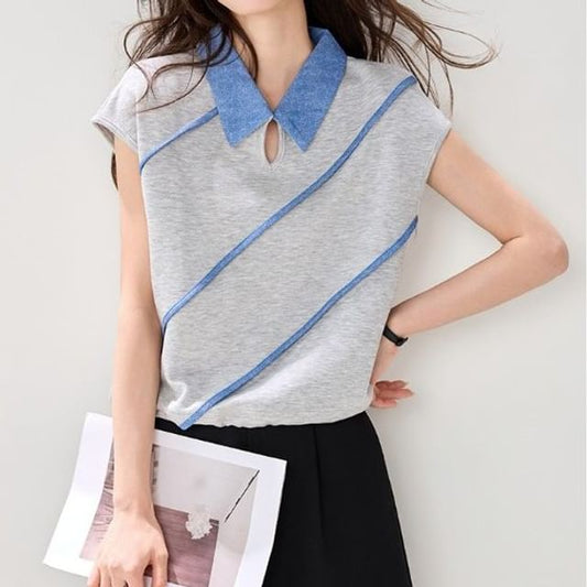 Contrast Trim Collared Cutout Short Sleeve T-Shirt