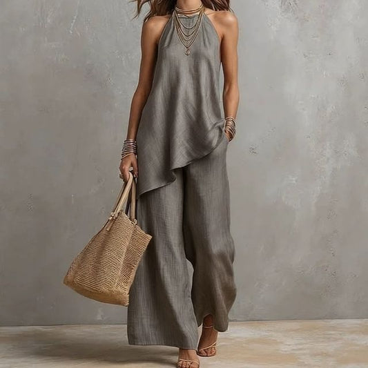 Asymmetric Camisole and High-Waisted Wide Leg Pants Set