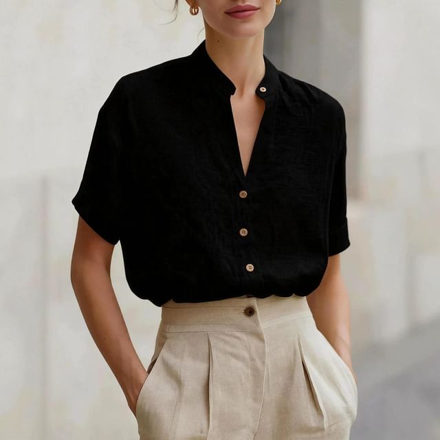 Band Collar Blouse, Short Sleeved, Solid