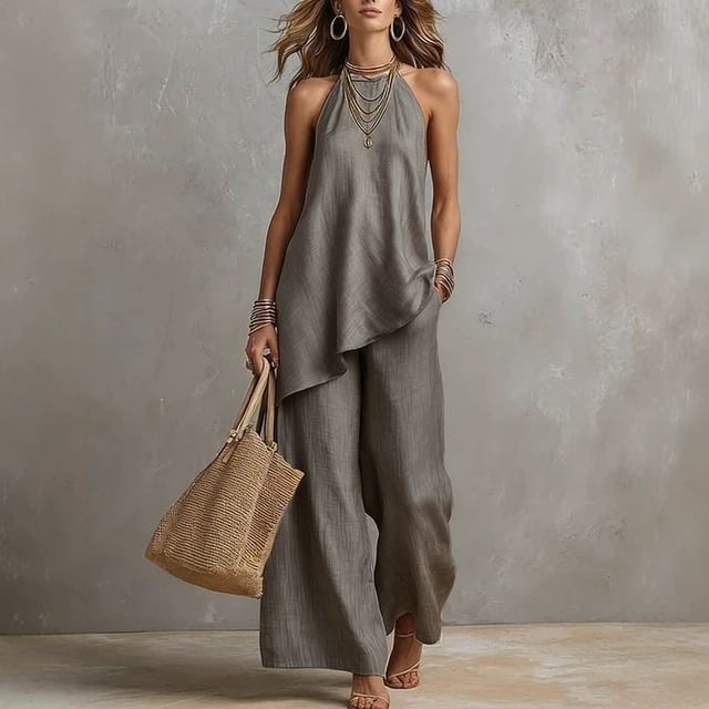 Asymmetric Camisole and High-Waisted Wide Leg Pants Set