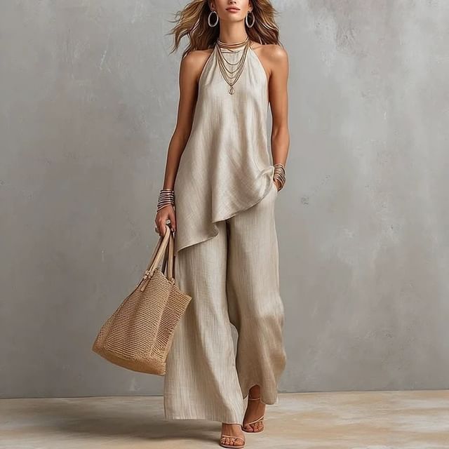 Asymmetric Camisole and High-Waisted Wide Leg Pants Set