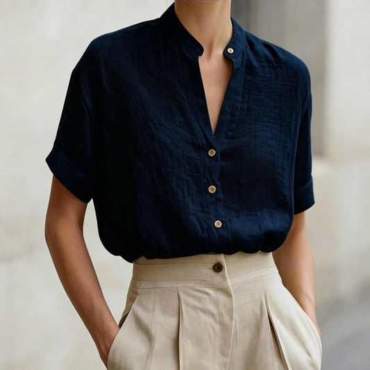 Band Collar Blouse, Short Sleeved, Solid