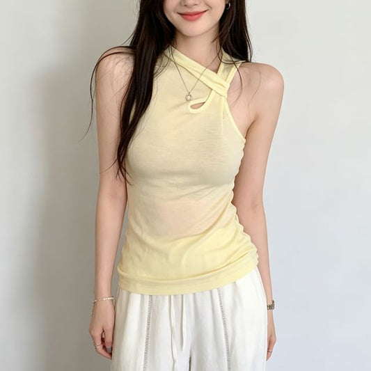 Asymmetric Plain V-Neck Sleeveless Top