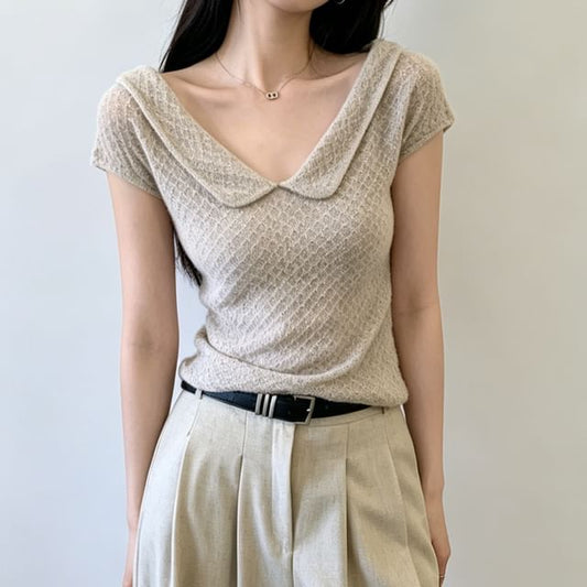 Textured Knit Collared Short-Sleeve Top