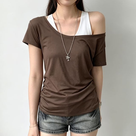 Asymmetric Off-Shoulder Short-Sleeve Top