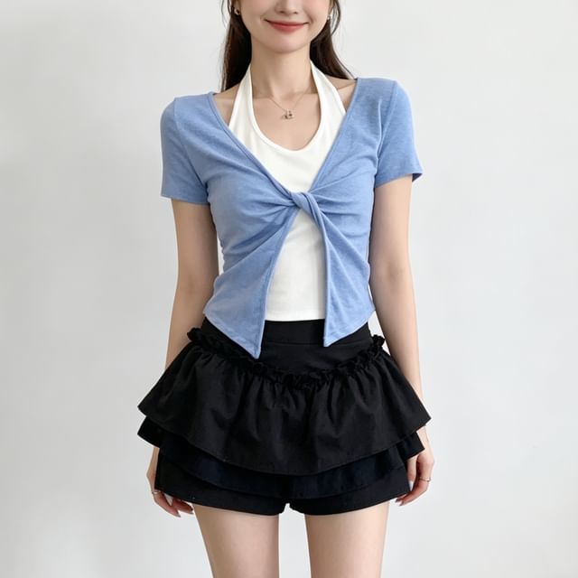 Mock Two Piece Halter Crop T-Shirt