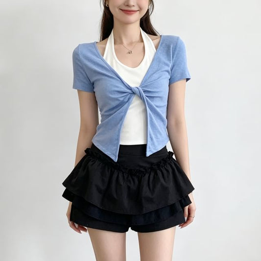 Mock Two Piece Halter Crop T-Shirt