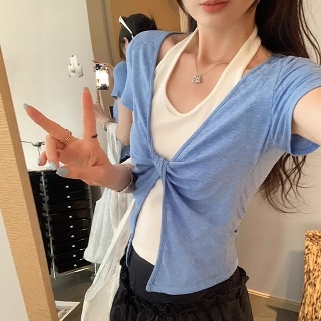 Mock Two Piece Halter Crop T-Shirt