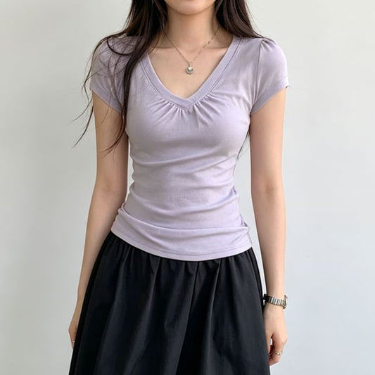 Ruched V-Neck Short-Sleeve Tee