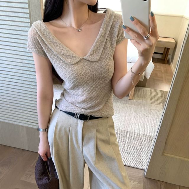 Textured Knit Collared Short-Sleeve Top