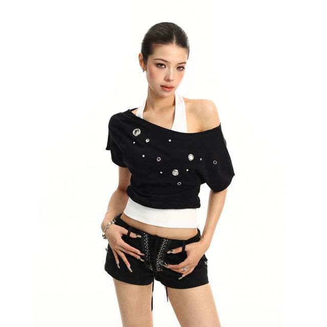 Mock Two-Piece Halter Neck Off-Shoulder Grommet Crop Tee