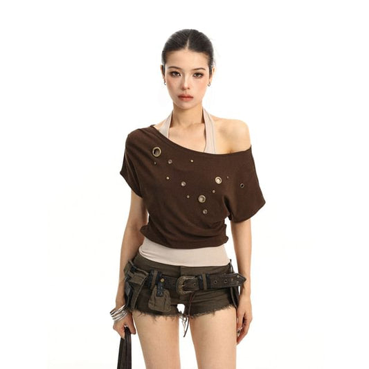 Mock Two-Piece Halter Neck Off-Shoulder Grommet Crop Tee