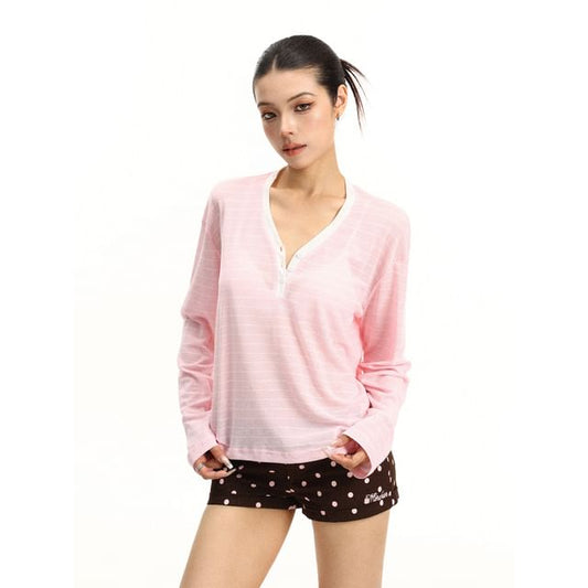 Striped Contrast Trim Sheer V-Neck Tee