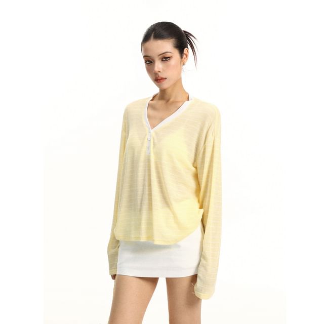 Striped Contrast Trim Sheer V-Neck Tee