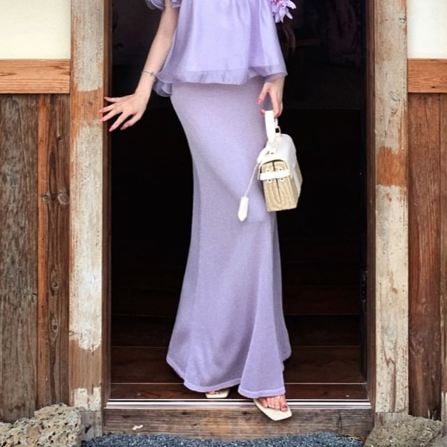 Off-Shoulder Ruffle Blouse & High Waist Knit Midi Pencil Skirt