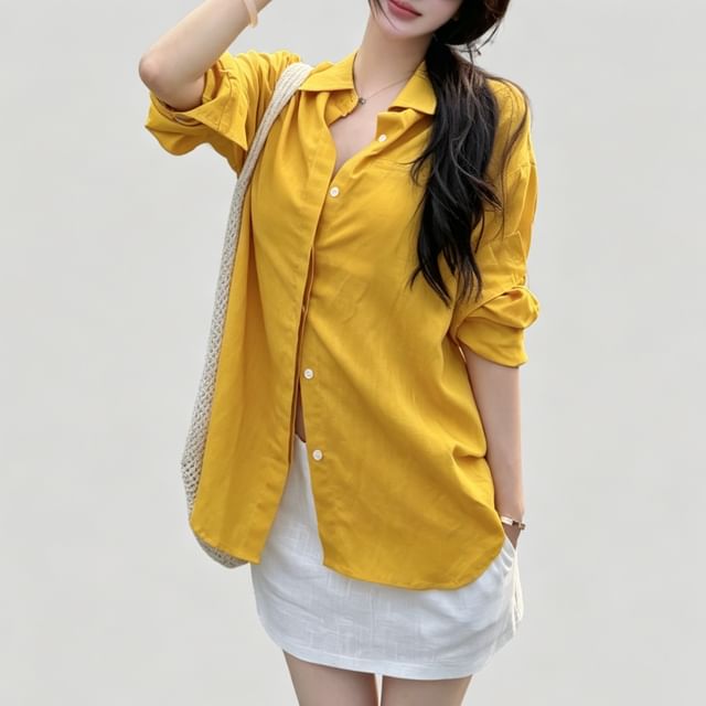 Drop-Shoulder Long-Sleeve Shirt & High Waist Mini Straight Skirt