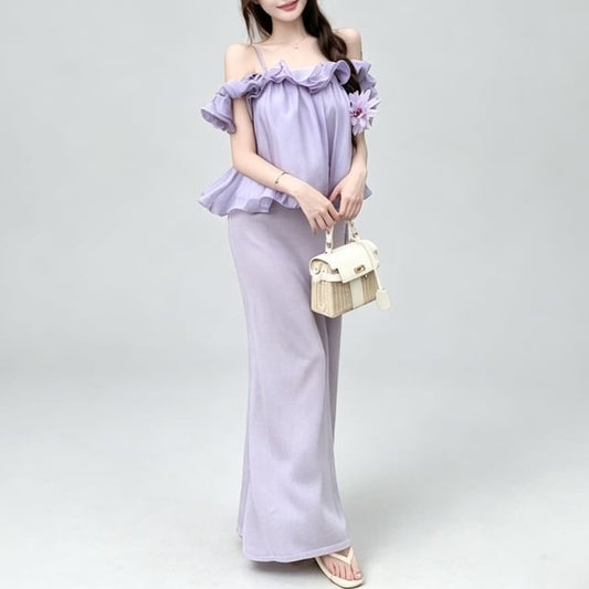 Off-Shoulder Ruffle Blouse & High Waist Knit Midi Pencil Skirt