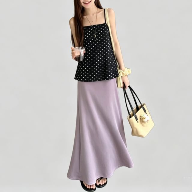 Set: Polka Dot Flowy Camisole & High Waist Plain Maxi A-Line Skirt