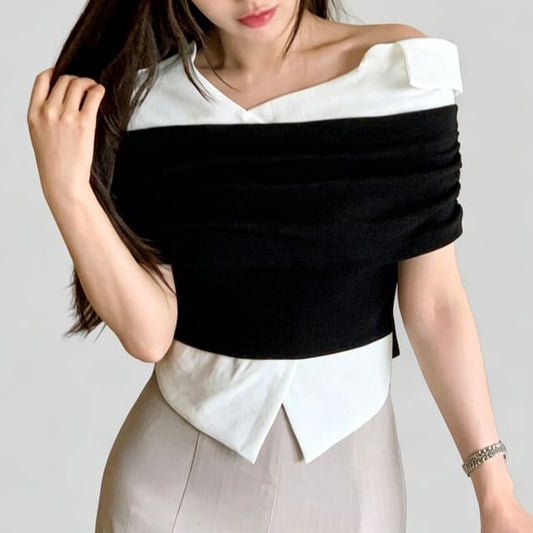 One-Shoulder Two Tone Front-Slit Short-Sleeve Blouse