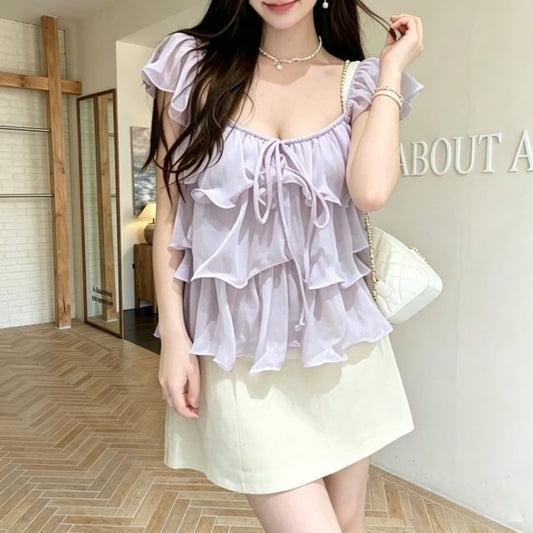 Scoop Neck Ruffle Trim Top, Sleeveless, Solid