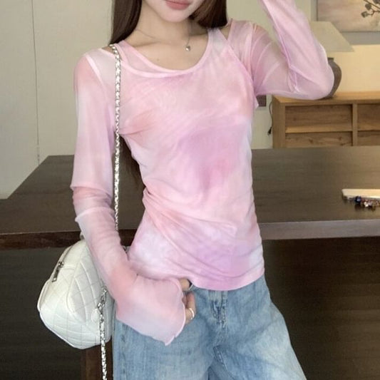 Long-Sleeved Mock Two-Piece Tie-Dye T-Shirt