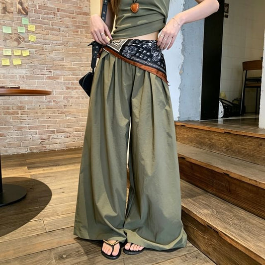 Crew Neck Crop Tee and Mid Rise Wide Leg Pants with Scarf Set