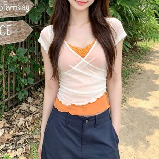V-Neck Ruffle Mock Two-Piece Top with Short Sleeves