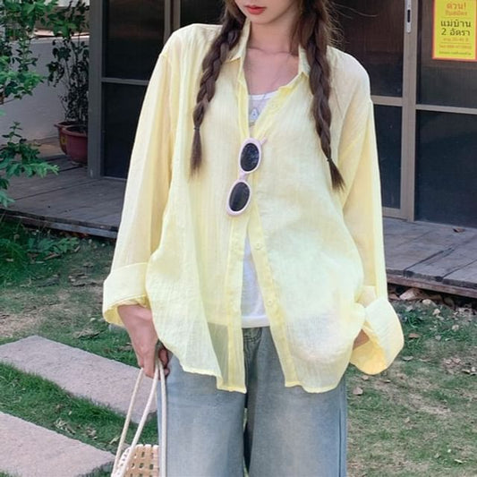 Collared Solid Button-Up Shirt with Long Sleeves