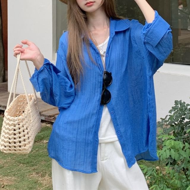 Collared Solid Button-Up Shirt with Long Sleeves