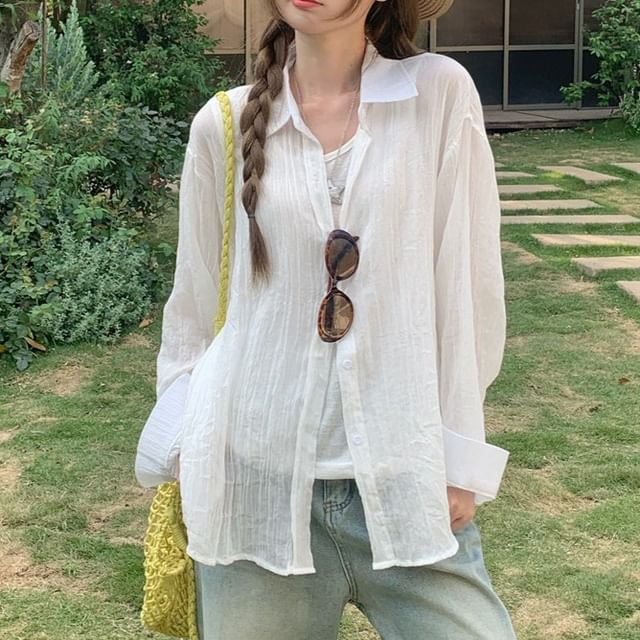 Collared Solid Button-Up Shirt with Long Sleeves