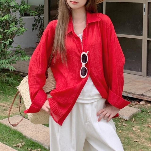 Collared Solid Button-Up Shirt with Long Sleeves