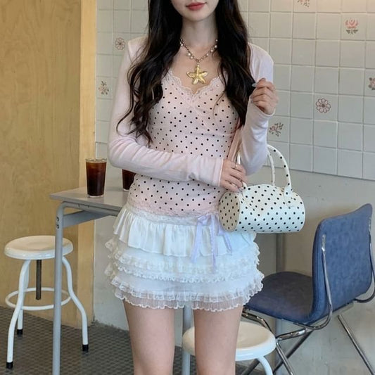 Spaghetti Strap Dotted Camisole, Crop Cardigan, Mini A-Line Skirt Set