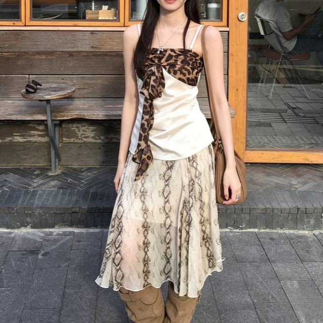 Leopard Panel Camisole and Snake Print Midi A-Line Skirt Set