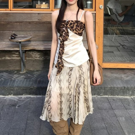 Leopard Panel Camisole and Snake Print Midi A-Line Skirt Set