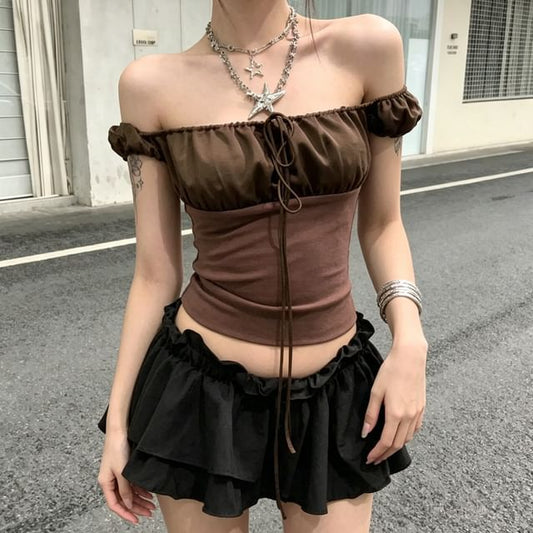 Off-Shoulder Ruched Crop Tee with Short Sleeves, Solid